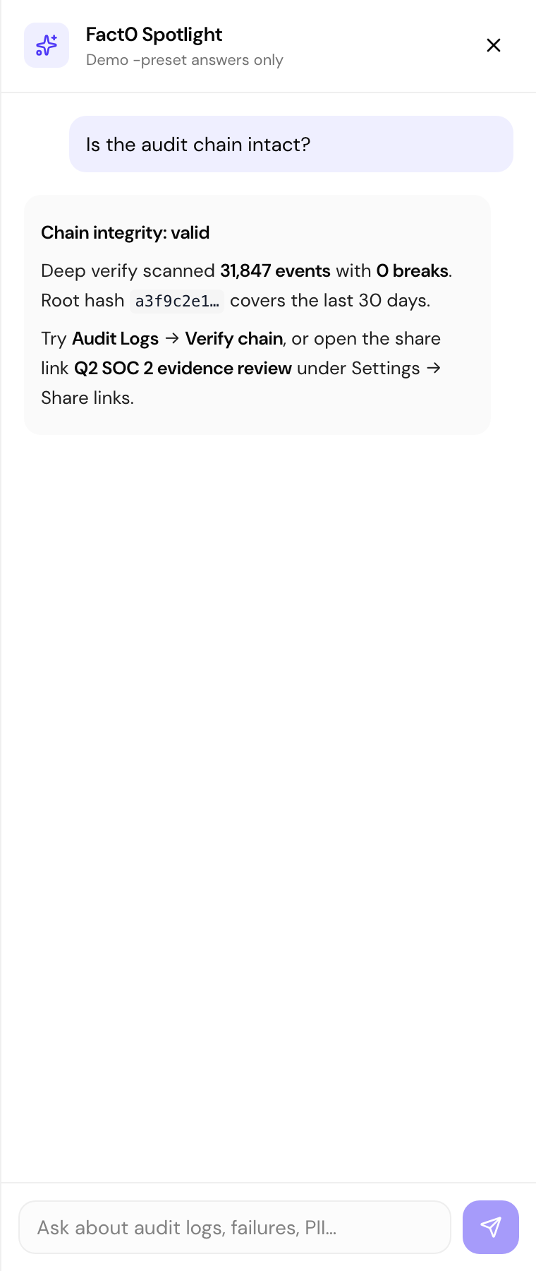 Fact0 Spotlight assistant panel in the Fact0 dashboard